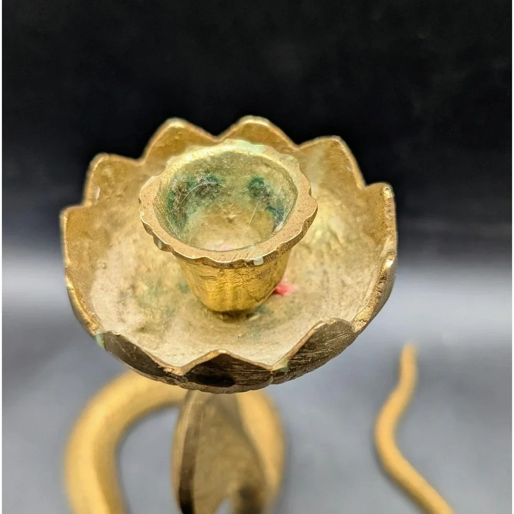 Vintage Brass Cobra Snake Candlestick Holder Lotus Flower King‎ Cobra India 8in